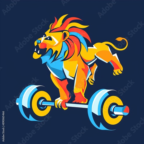 Logo for a personal trainer, incorporating a stylized lion lifting a barbell, sleek and modern design, vibrant colors, photo