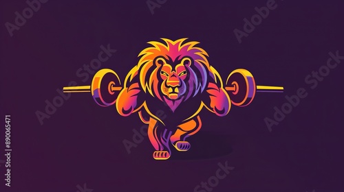 Logo for a personal trainer, incorporating a stylized lion lifting a barbell, sleek and modern design, vibrant colors, photo