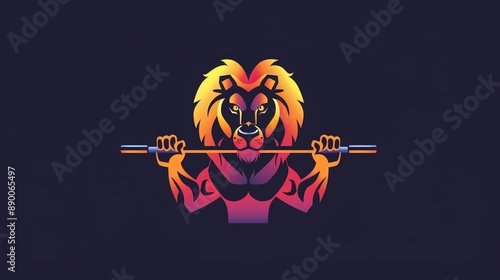 Logo for a personal trainer, incorporating a stylized lion lifting a barbell, sleek and modern design, vibrant colors, photo