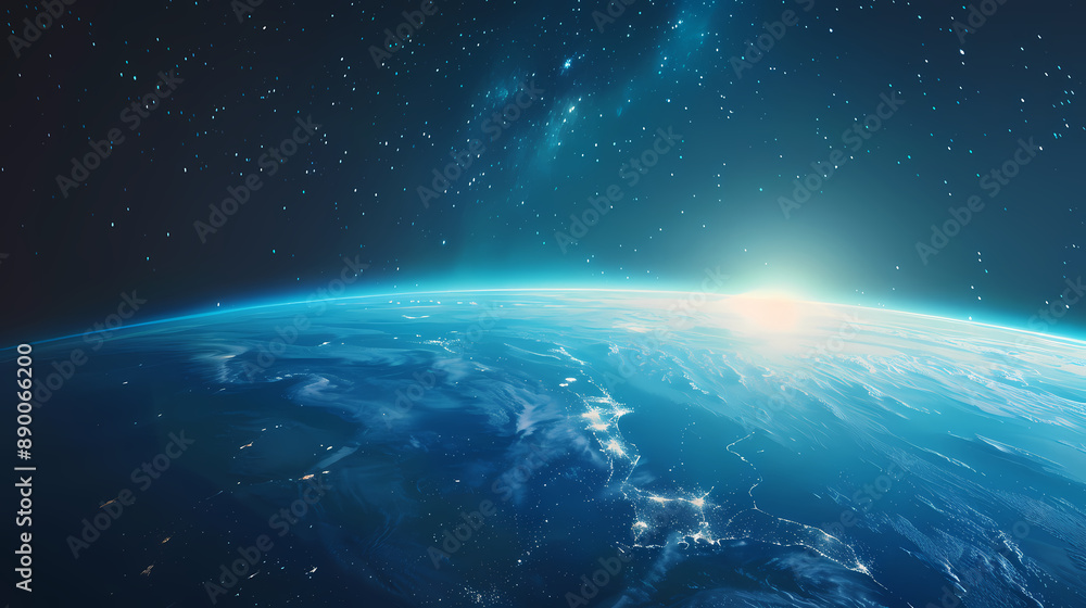 Obraz premium Earth viewed from space with blue lights shining on the horizon