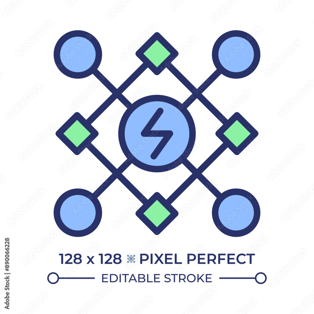 Smart energy grid pixel perfect RGB color icon. Electricity distribution system, infrastructure. Power supply. Isolated vector illustration. Simple filled line drawing. Editable stroke Smart energy grid pixel perfect RGB color icon. Electricity distribution system, infrastructure. Power supply. Isolated vector illustration. Simple filled line drawing. Editable stroke