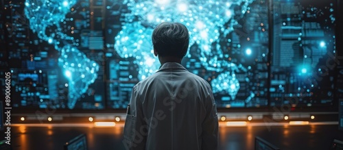 A Man Observing a Digital World Map in a Control Room © MBRAMO