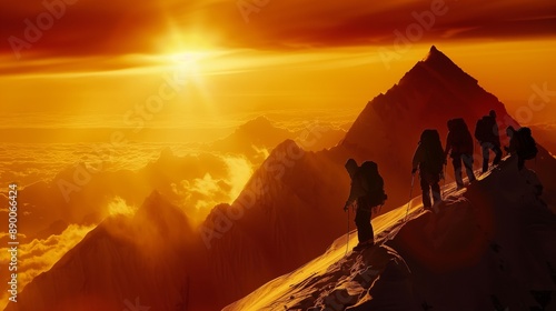 Climbers proudly stand on Everest at sunset, a breathtaking scene against the Himalayan backdrop.