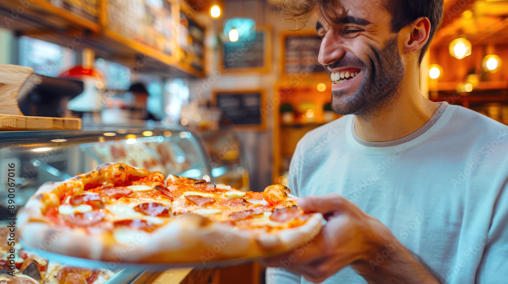 A happy unshaven white guy is holding a plate of pizza in a restaurant. He's smiling and he's happy. The pizza is sprinkled with pepperoni, which is a popular filling A happy unshaven white guy is holding a plate of pizza in a restaurant. He's smiling and he's happy. The pizza is sprinkled with pepperoni, which is a popular filling