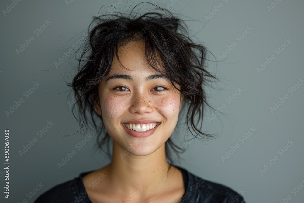 A close-up portrait of an Asian person beaming with happiness against a solid background The individual's joyous expression and bright smile create a positive and uplifting image The solid background A close-up portrait of an Asian person beaming with happiness against a solid background The individual's joyous expression and bright smile create a positive and uplifting image The solid background