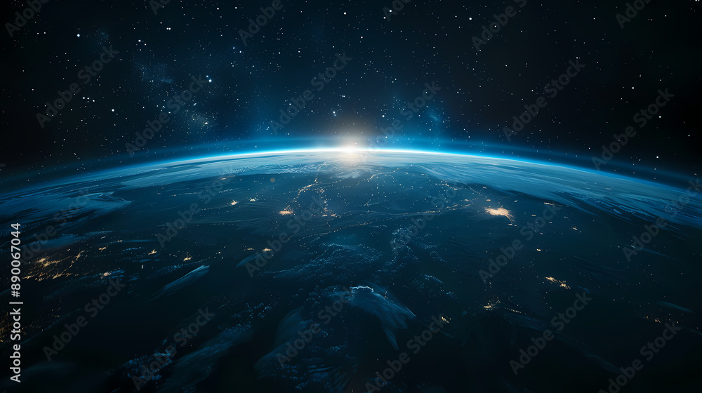 Earth viewed from space with blue lights shining on the horizon Earth viewed from space with blue lights shining on the horizon