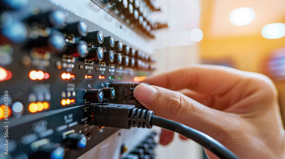 Hand connecting optical cable to server in data center Hand connecting optical cable to server in data center