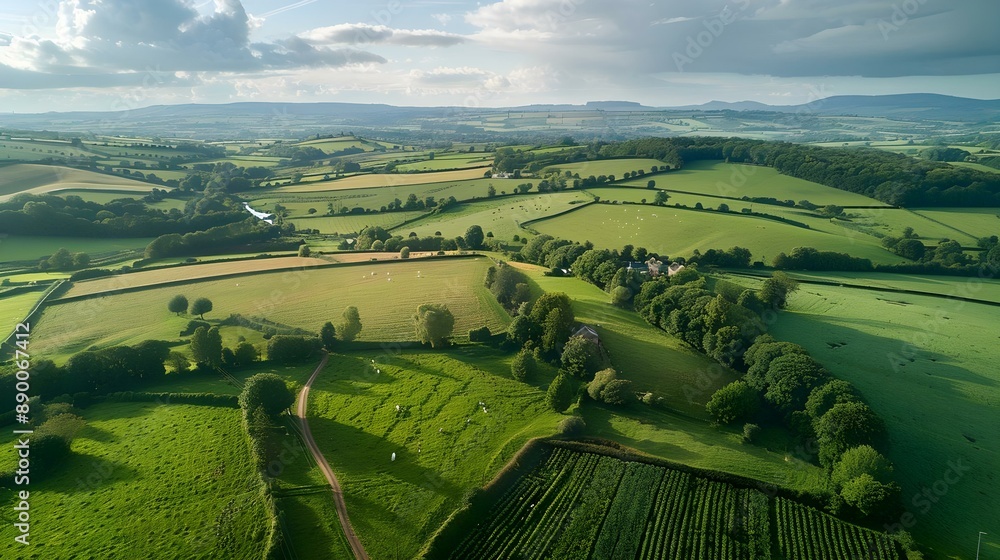 Fototapeta premium Aerial view of Somerset, England’s rural landscape