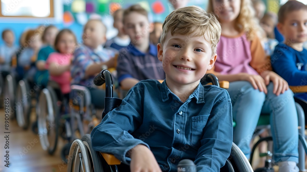 A happy handicapped child in a wheelchair sits among healthy classmates in a bright, cheerful school classroom, showcasing an inclusive education environment. A happy handicapped child in a wheelchair sits among healthy classmates in a bright, cheerful school classroom, showcasing an inclusive education environment.