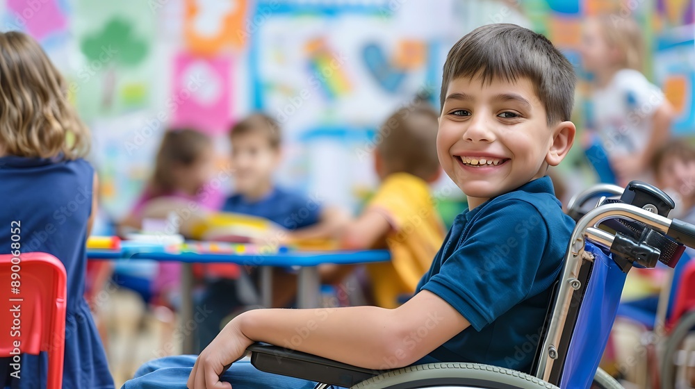 Smiling handicapped child in a wheelchair participates in a classroom activity with healthy peers, surrounded by colorful educational materials and posters. Smiling handicapped child in a wheelchair participates in a classroom activity with healthy peers, surrounded by colorful educational materials and posters.