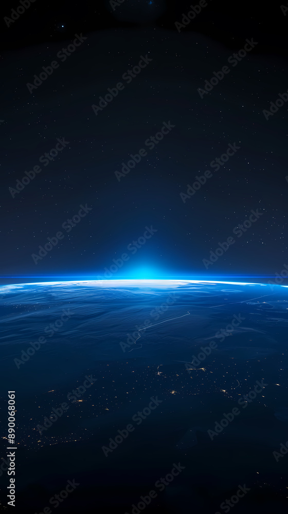 Obraz premium Earth viewed from space with blue lights shining on the horizon