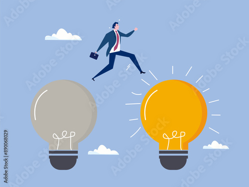 Business transformation, change management or transition to better innovative company, improvement and adaptation to new normal concept, smart businessman jump from old to new shiny lightbulb idea.