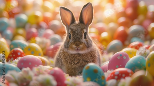 Adorable bunny surrounded by vibrant, decorated Easter eggs, symbolizing the festive spirit of Easter celebrations. © tashechka