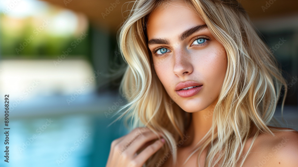 A woman with long blonde hair and blue eyes poses in front of a swimming pool A woman with long blonde hair and blue eyes poses in front of a swimming pool