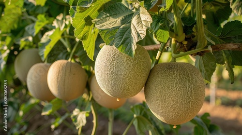 Whole green melons on melon farm