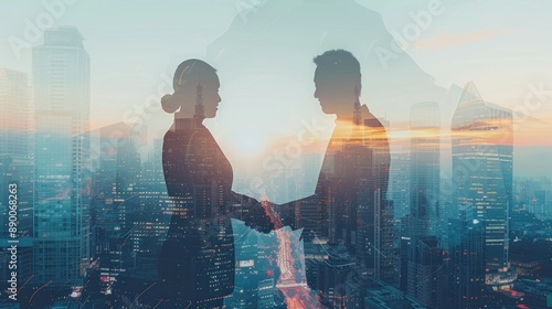 Wallpaper Mural Silhouettes of Business Partners Handshake Against a City Skyline Torontodigital.ca