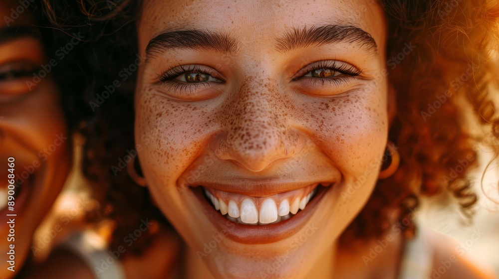 Genuine Smile, Freckles, and Happiness: Close-up Portrait of a Young Woman - A close-up portrait of a young woman with a genuine smile, showcasing her natural beauty with freckles and bright white tee Genuine Smile, Freckles, and Happiness: Close-up Portrait of a Young Woman - A close-up portrait of a young woman with a genuine smile, showcasing her natural beauty with freckles and bright white tee
