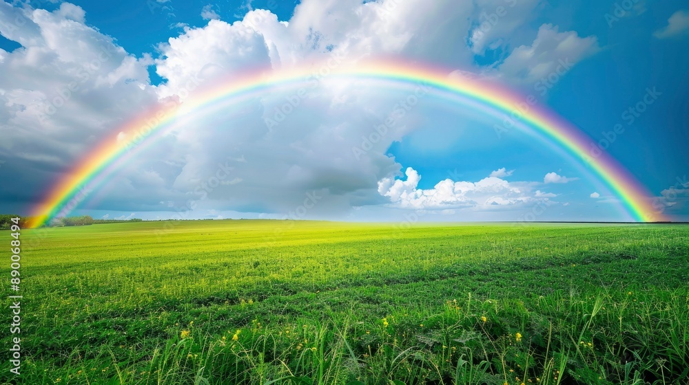 Obraz premium A vibrant rainbow over a lush green field.