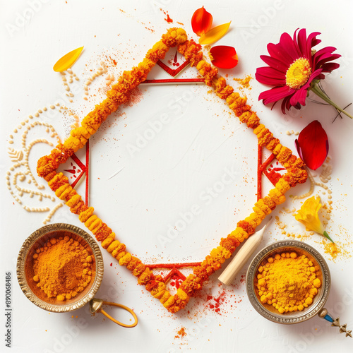 Puja thali with deepak with a small photo frame, on white background.