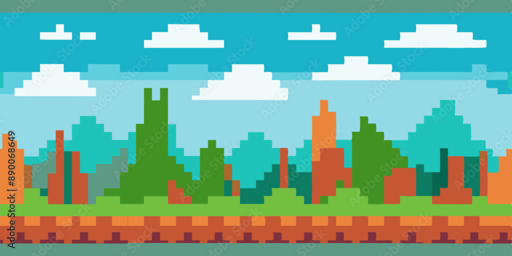 Seamless pixel art retro gaming landscape with green trees and blue sky Seamless pixel art retro gaming landscape with green trees and blue sky