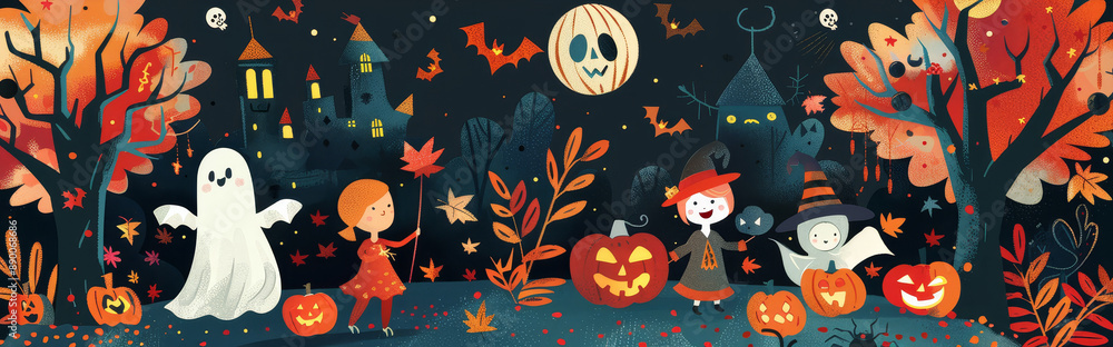 Happy Halloween Night in the Enchanted Forest - A charming Halloween scene depicting a spooky forest with a ghost, witch, and children trick-or-treating, symbolizing the magic and joy of the holiday. Happy Halloween Night in the Enchanted Forest - A charming Halloween scene depicting a spooky forest with a ghost, witch, and children trick-or-treating, symbolizing the magic and joy of the holiday.