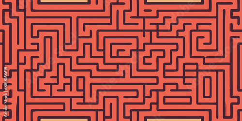 Seamless repeat pattern of continuous red background and black maze design