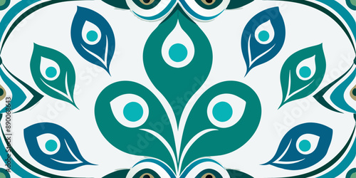seamless pattern art nouveau peacock feather motifs blue, green, white background