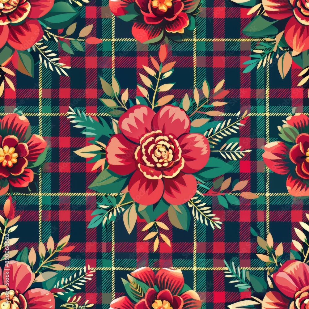 seamless pattern of tartan plaid with floral accents interspersed between the checks, Generative AI seamless pattern of tartan plaid with floral accents interspersed between the checks, Generative AI