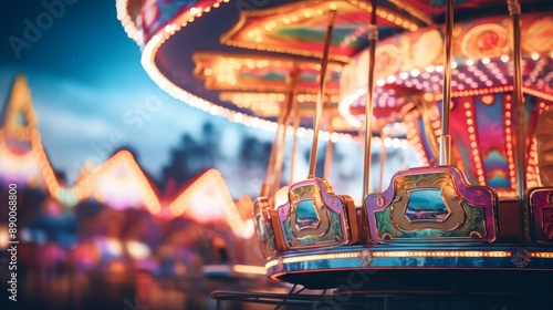 Illuminated Carousel at Amusement Park - A close-up of a brightly lit carousel at an amusement park, the colorful horses and lights create a magical atmosphere. The carousel is a symbol of joy, childh photo