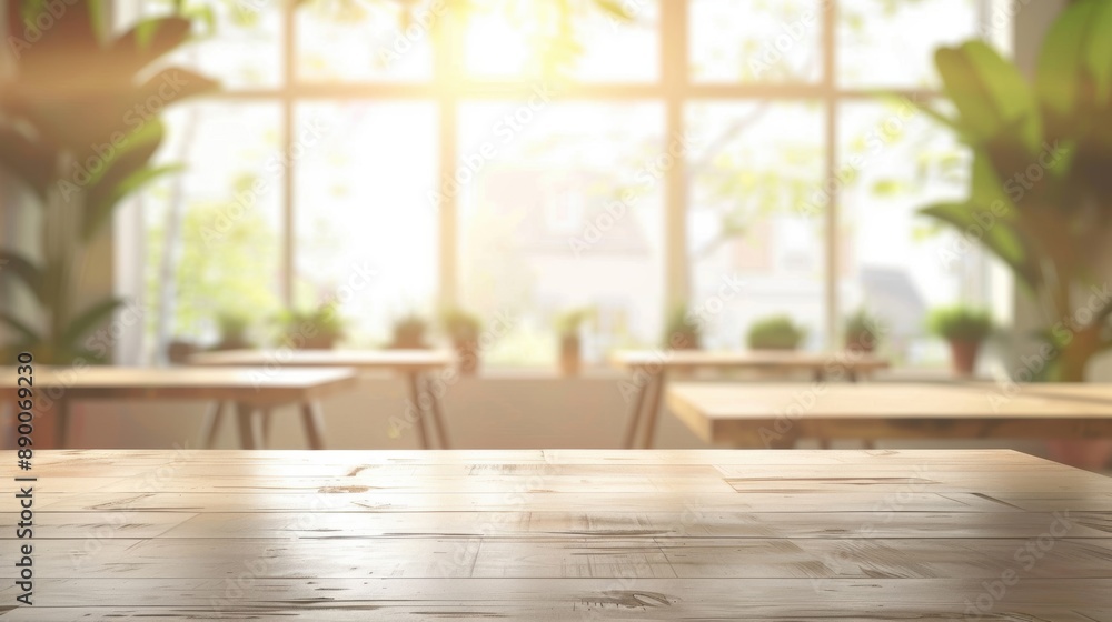 Sunlit cafe interior with wooden tables, creating a warm, inviting atmosphere, perfect for a cozy meal or work session.