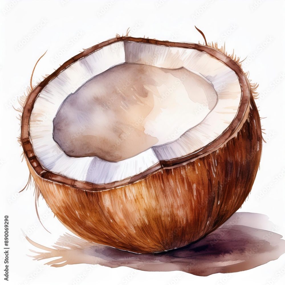 Watercolor painting of a halved coconut with white flesh and brown husk, displayed on a light background, showcasing tropical fruit art. Watercolor painting of a halved coconut with white flesh and brown husk, displayed on a light background, showcasing tropical fruit art.