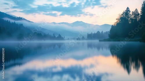A serene landscape of a misty lake at dawn, surrounded by mountains and trees, reflecting the tranquil atmosphere of early morning.