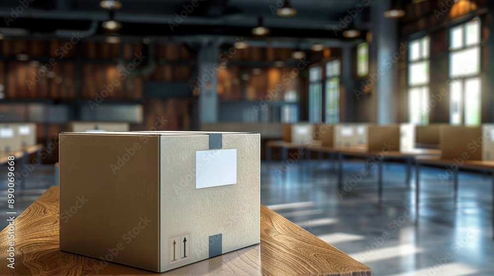 Single cardboard box placed on a wooden table in a modern, well-lit warehouse, illustrating storage and logistics. Single cardboard box placed on a wooden table in a modern, well-lit warehouse, illustrating storage and logistics.