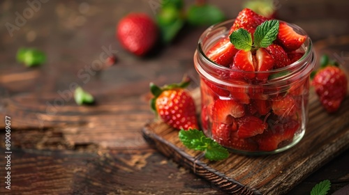 Sweet and healthy strawberry jam in a glass jar on a wooden kitchen table. A nutritious vegan dessert. Homemade organic marmalade.