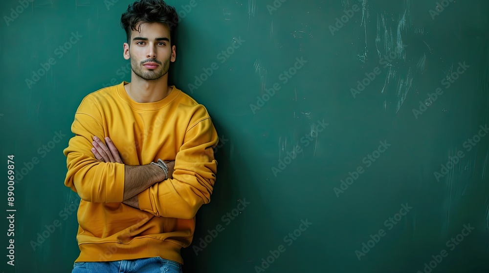 A handsome man in a yellow sweater and blue jeans against a yellow wall background, handsome male model