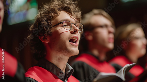 Chamber choir members singing during a concert or church service.
