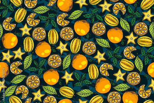seamless pattern orange and starf ruit vector drawing