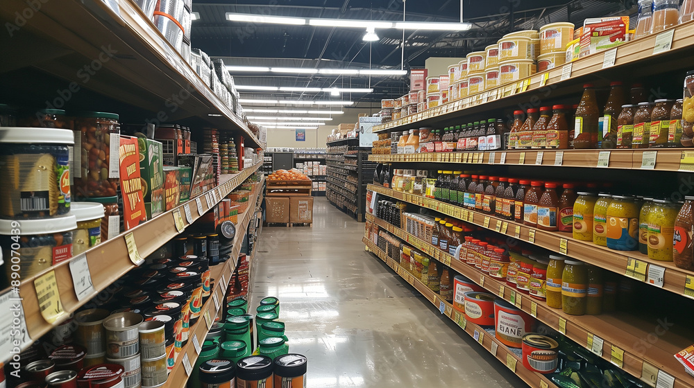 Grocery store isles with fully stocked shelves. Grocery store isles with fully stocked shelves.