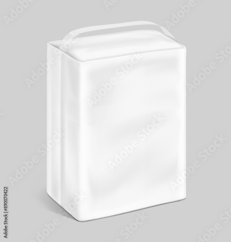 Stand bag with handle mockup. Vector illustration isolated on grey background. Ready for your design. Suite for the presentation of diaper, wet wipes, foods, household, etc. EPS10.