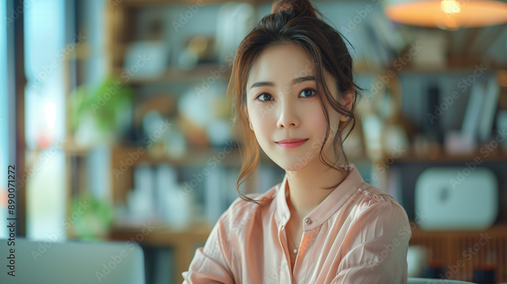 Korean woman with a professional look in a pink blouse, attending a virtual meeting from a tidy, well-lit home environment.






