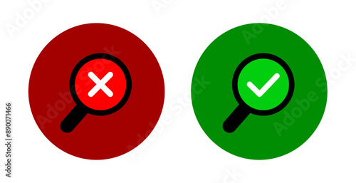 round magnifying glass icon with green check mark and red cross mark symbol inspection sign examination scan result certificate vector verified analyze ok