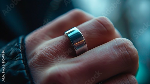 A mans hand is shown with a focus on a sleek smart ring worn on the finger, indicating wearable technology.