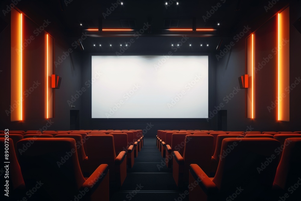 Fototapeta premium A spacious cinema hall with vibrant red seats and neon lighting, featuring a large blank screen ready for a movie projection.
