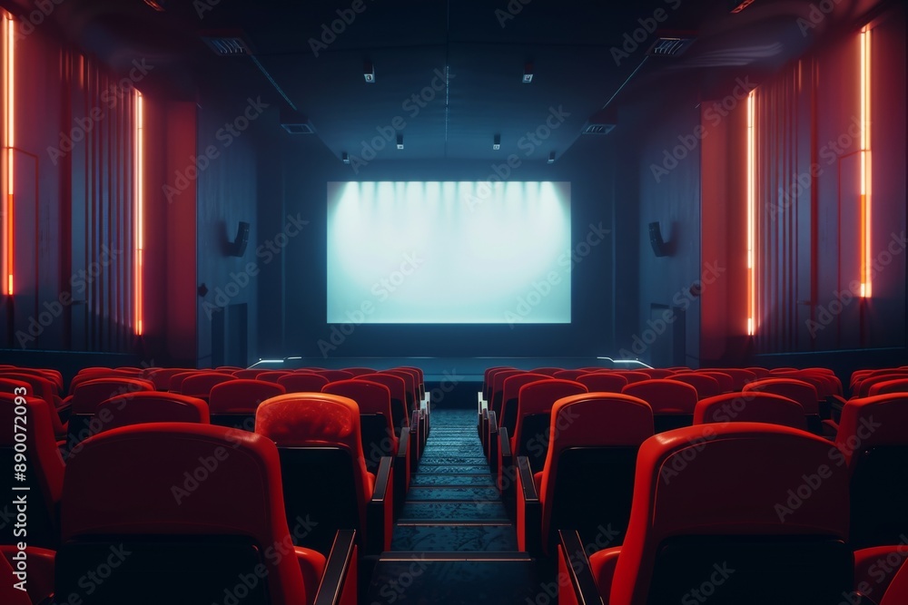 Fototapeta premium Modern cinema hall interior with blank screen and red seats