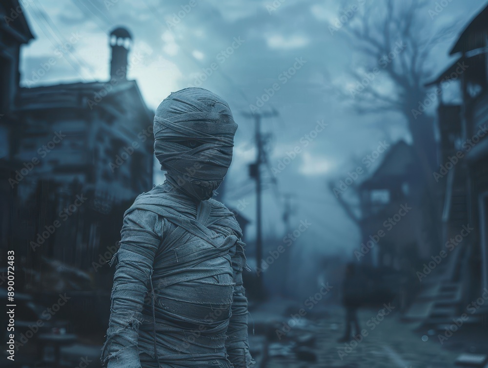 Mysterious Mummy in Abandoned Town at Dusk with Eerie Atmosphere and Dark Shadows Mysterious Mummy in Abandoned Town at Dusk with Eerie Atmosphere and Dark Shadows