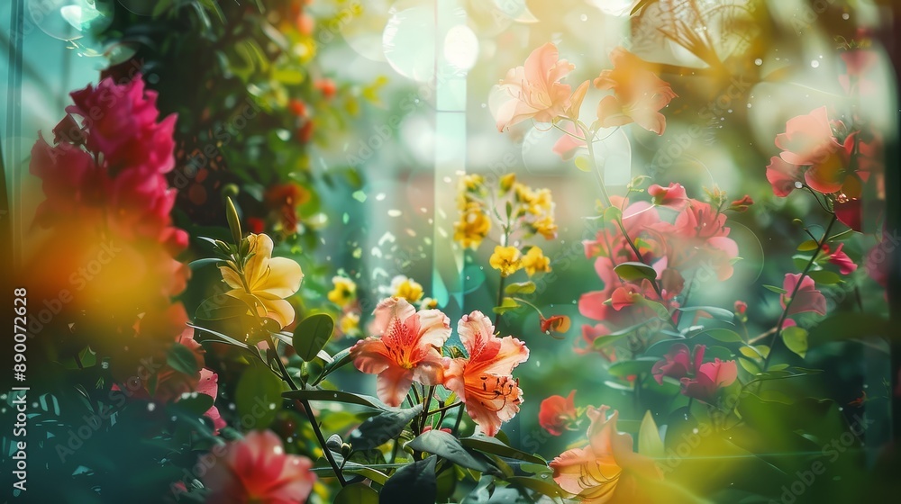 Obraz premium Vibrant Flowers in a Sunlit Garden - A captivating image of a garden filled with colorful flowers, bathed in warm sunlight, showcasing a vibrant and lively atmosphere. The image conveys themes of natu