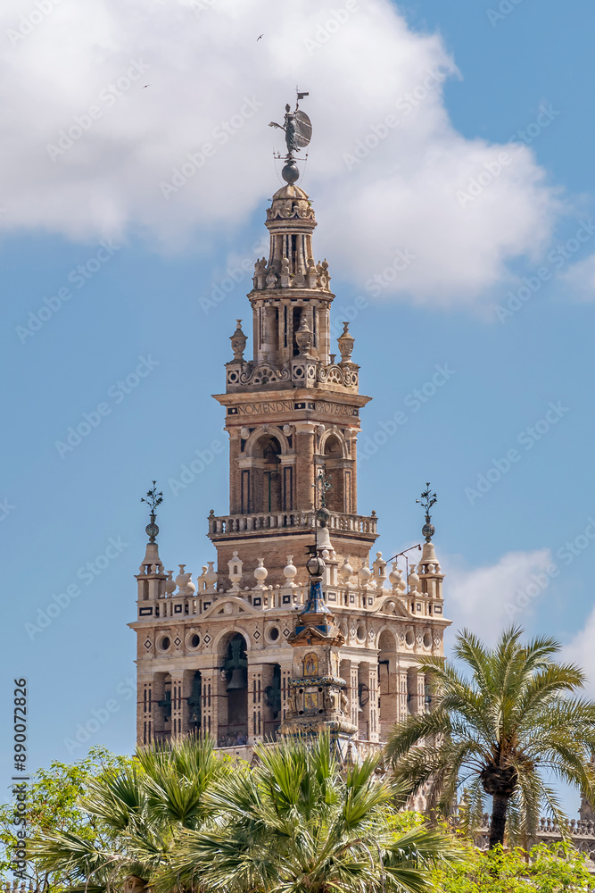 The top of the Giralda Tower dominates the city of Seville, Spain The top of the Giralda Tower dominates the city of Seville, Spain