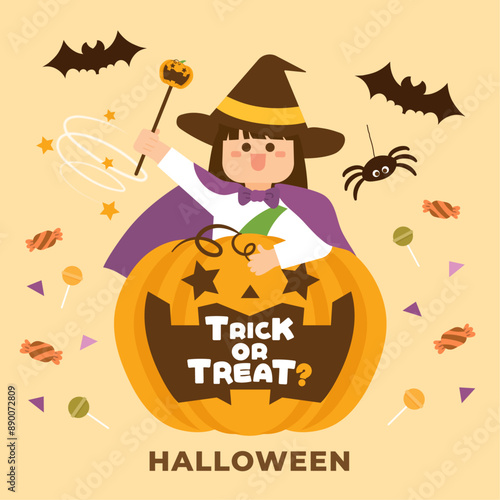Halloween theme vector illustration. Trick or Treat. A cute witch is standing behind a big pumpkin doing magic. The illustration contains a little witch, grimace pumpkin, spider, candy and bat.