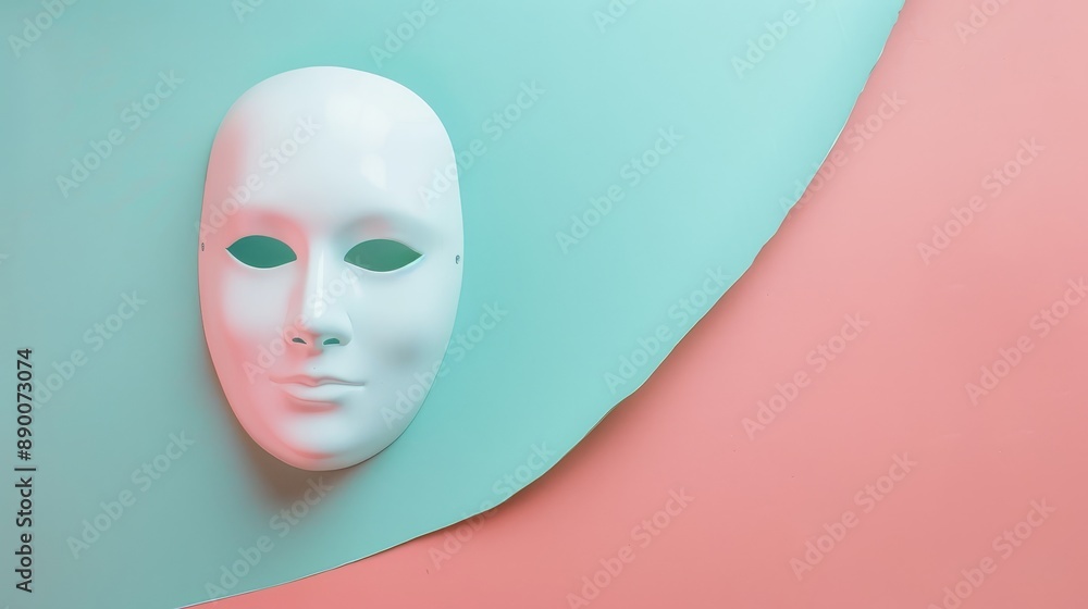 White Mask on Pastel Background - Minimalist Concept - A white mask sits on a pastel blue and pink background, symbolizing identity, anonymity, theatre, performance, and disguise. White Mask on Pastel Background - Minimalist Concept - A white mask sits on a pastel blue and pink background, symbolizing identity, anonymity, theatre, performance, and disguise.