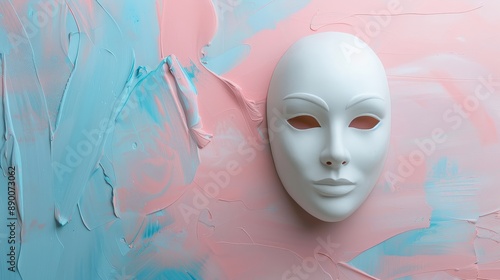 White Mask on Abstract Pink and Blue Background - A white mask with simple features, representing anonymity, identity, or performance, on a background of abstract pink and blue paint strokes symbolizi photo